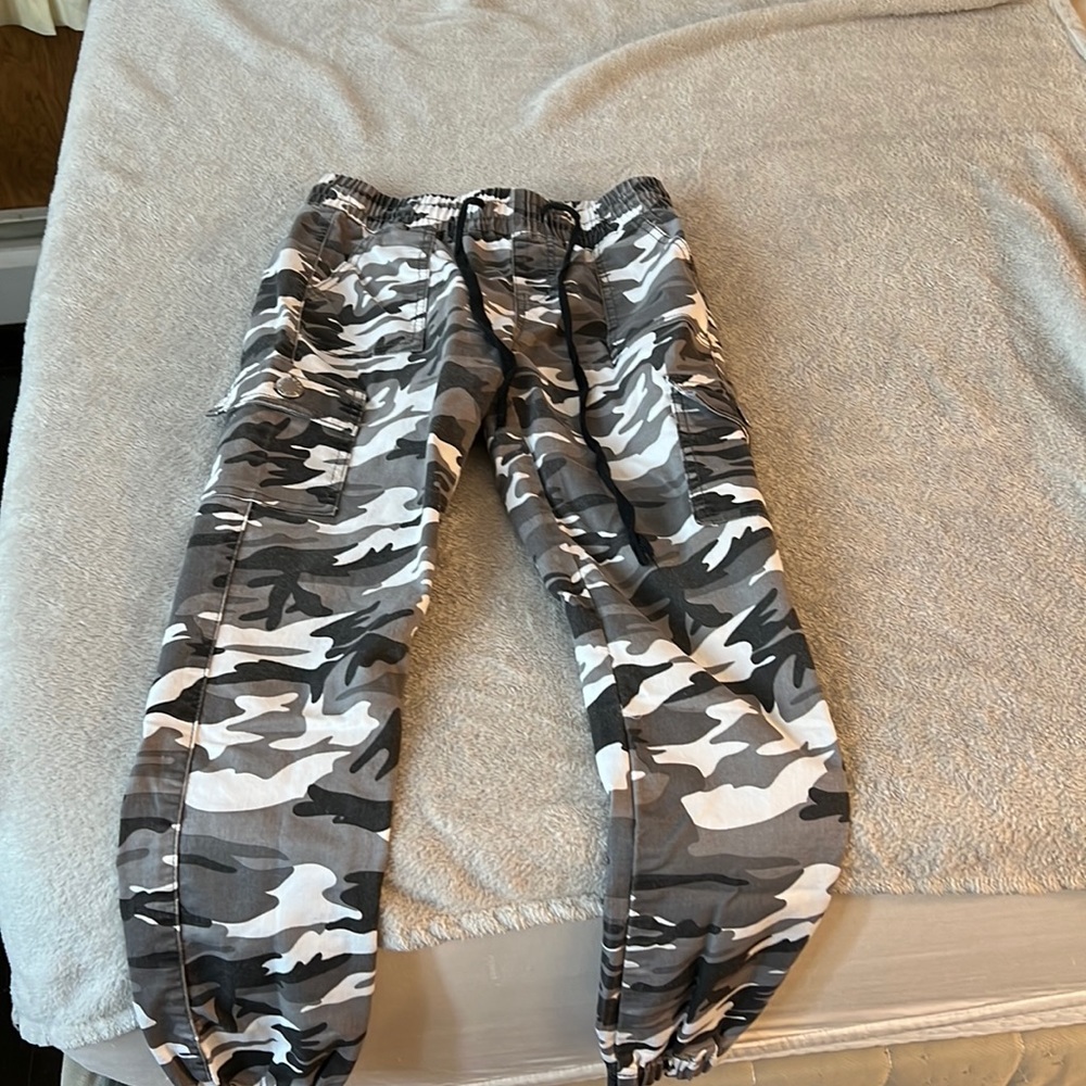 Black and white camo cargo joggers